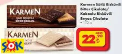 KARMEN SÜTLÜ BİSKÜVİLİ BİTTER ÇİKOLATA/ KAKAOLU BİSKÜVİLİ BEYAZ ÇİKOLATA 102 G